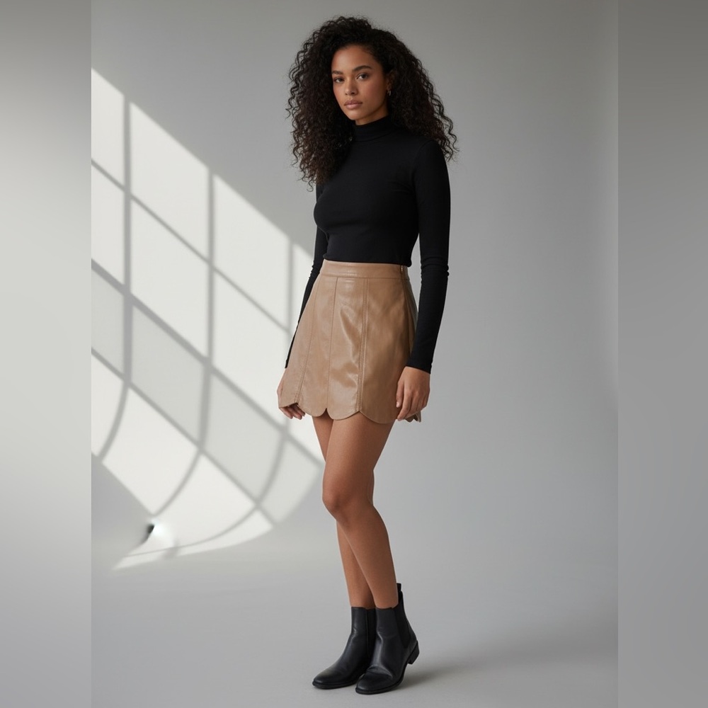 NWT’S. Hyfve Skirts | Scalloped Faux Leather Mini Skirt | Color: Cream/Tan‎